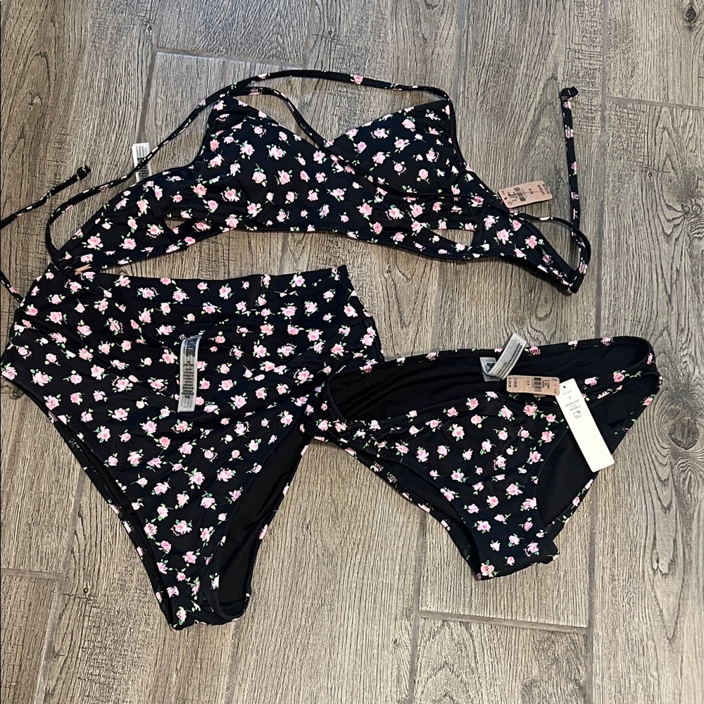 Victoria's Secret Black and Pink Floral Bikini Set - M & S bottoms